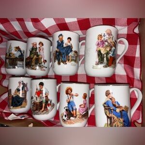 1982 Norman Rockwell Set of 8 Mugs with Colorful Illustrations